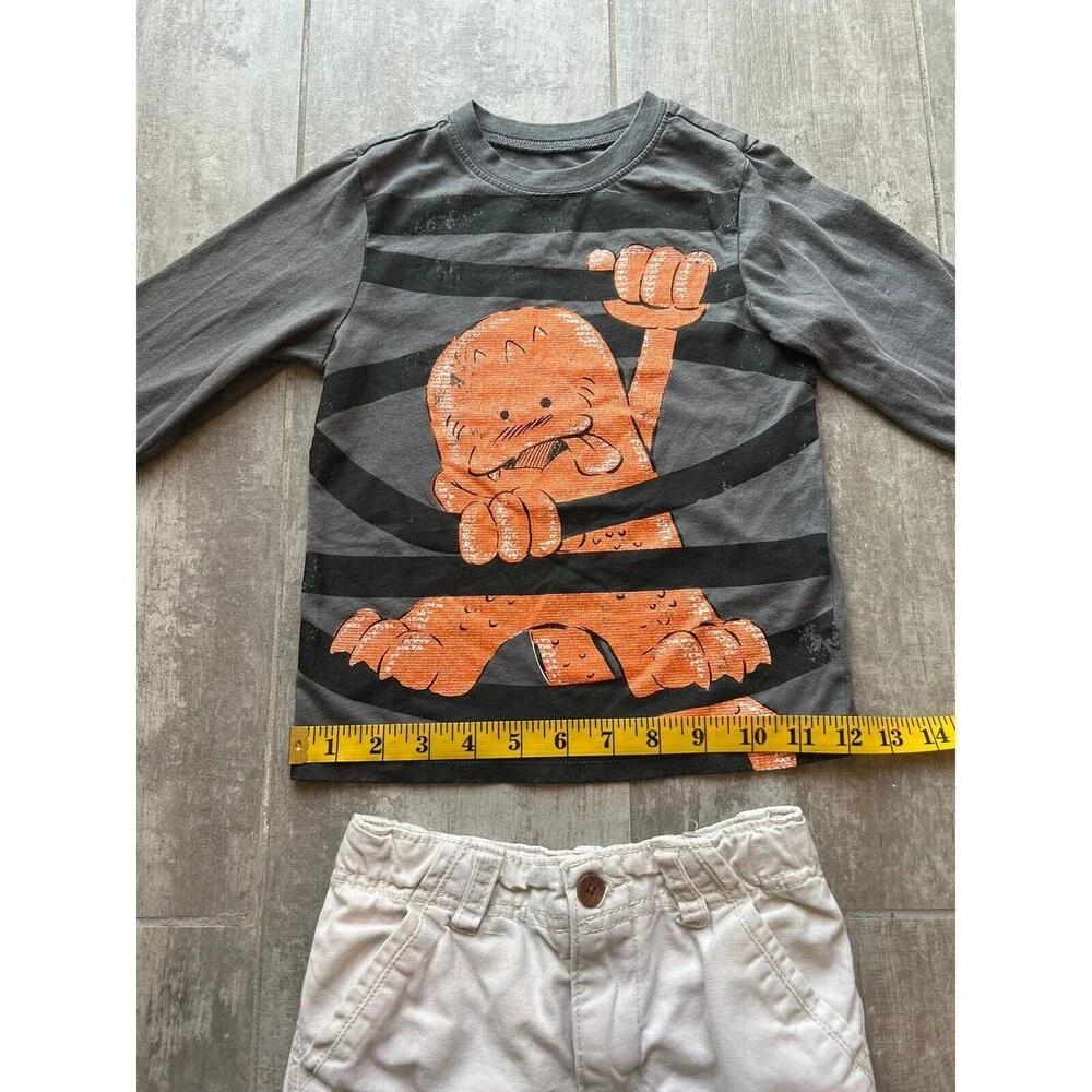Toddler Boy 2 Piece Outfit Set Tan Khaki Cargo Shorts Long Sleeve T-Shirt Tee 3T